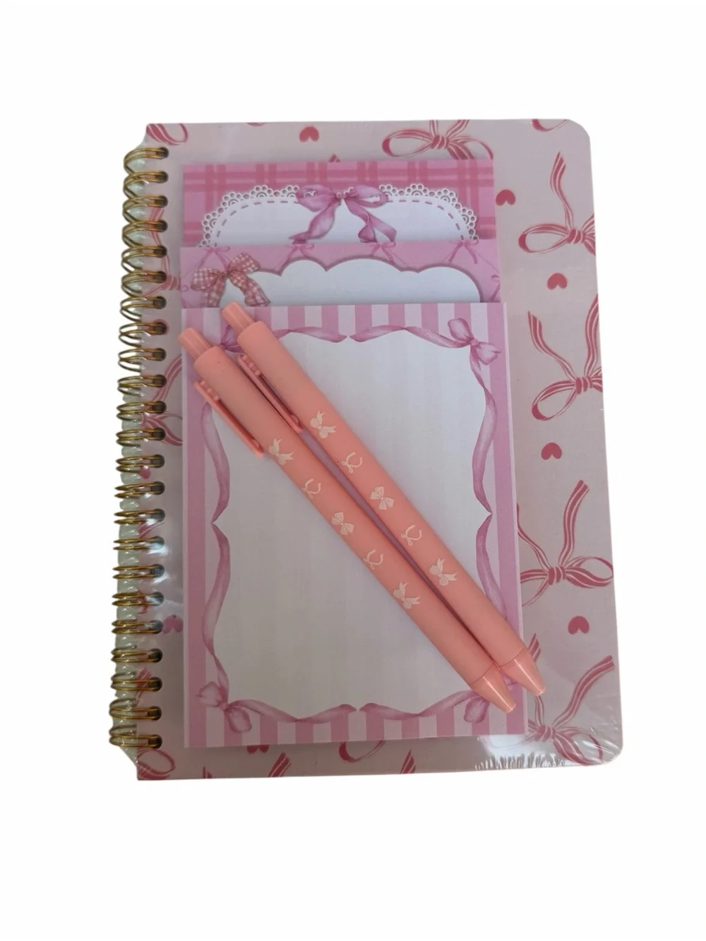 Pink Bow Spiral Notebook, 3-Piece Notepad Set with Matching Pens New